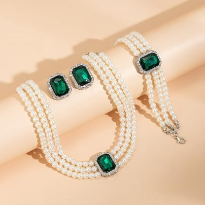 Wekicic Faux Pearl Necklace Earrings Set for Women Crystal Pearl Choker Necklace Bracelet Set 1920s Jewelry for Wedding Party - color: Green