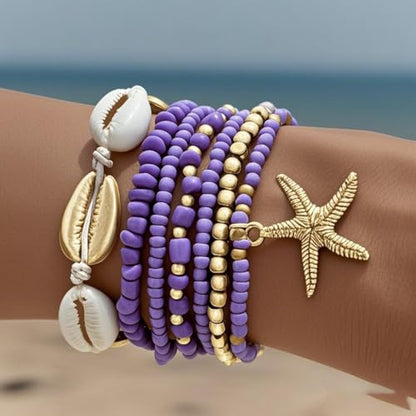 Bohemian Starfish Bracelets for Women - Adjustable Stackable Beach Bracelets, Handmade Stretchy Beaded Summer Jewelry, Perfect for Surf & Waterproof Fun - color: Purple