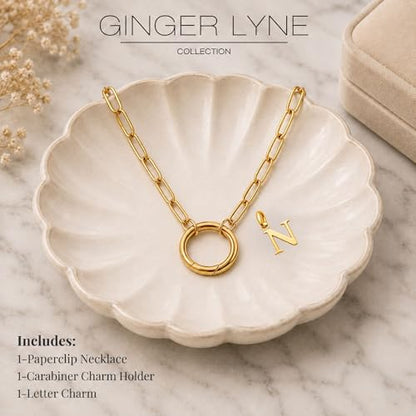 Paperclip Chain Carabiner Initial Charm Holder Necklace by Ginger Lyne | 18K Gold-Plated or Silver Tone Paperclip Chain with Carabiner Charm Holder, Adjustable 18-20 Inch, A-Z Initial Pendant - color: Gold-N