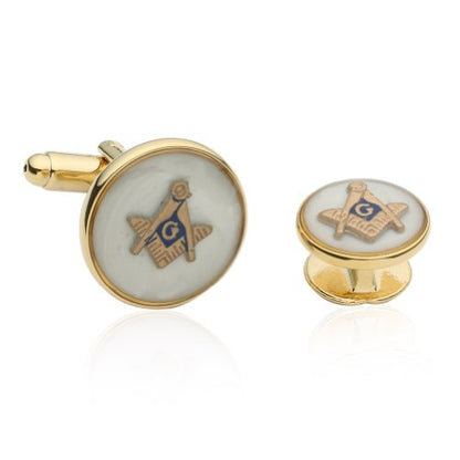 Cuff-Daddy Mens White Freemason Cufflinks for Men with Shirt Studs | Masonic Tuxedo Formal Set Enamel Cufflinks and Studs with Travel Presentation Gift Box for Wedding Party Groomsmen Groom