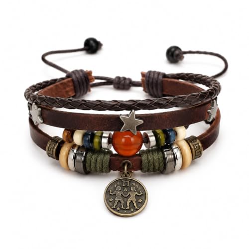 Zodiac Bracelet for Men Women, Adjustable Faux Leather Braided Wrap Bracelet with Vintage Astrology Charm, Gift Jewelry - style: Gemini