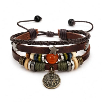 Zodiac Bracelet for Men Women, Adjustable Faux Leather Braided Wrap Bracelet with Vintage Astrology Charm, Gift Jewelry - style: Gemini