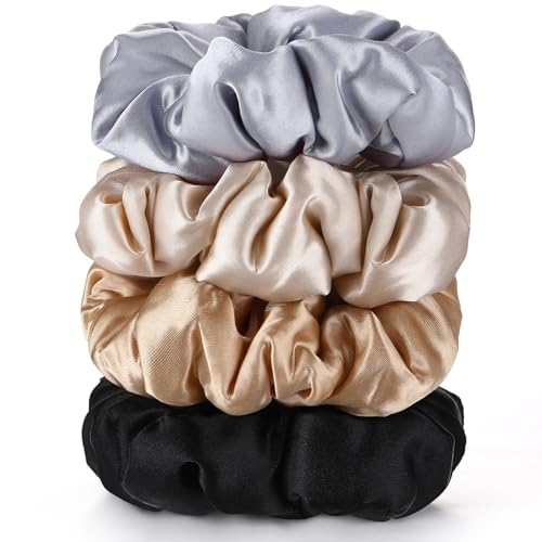 4Pcs Large Satin Hair Scrunchies, Big Pillow Scrunchies for Women Girls Silk Sleepy Scrunchie Ponytail Holders for Thick Hair - color: Elegant Colors