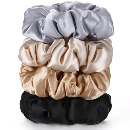 4Pcs Large Satin Hair Scrunchies, Big Pillow Scrunchies for Women Girls Silk Sleepy Scrunchie Ponytail Holders for Thick Hair - color: Elegant Colors