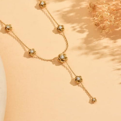 Dainty 18K Gold Plated Lariat Necklace for Women Delicate Y Chain Rose Pearl Diamond Long Drop Necklace Layering Bridal Jewelry Gift - color: Rose-Gold