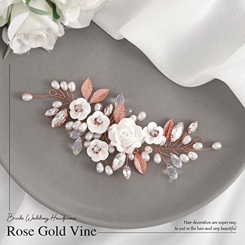 GORAIS Flower Wedding Hair Vine Pearl Bridal Hair Pieces Crystal Hair Accessories for Bride and Women - color: c-rose gold