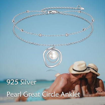 POPLYKE Frog/Pearl/Dragonfly/Ladybug/Highland Cow/Pearl/Moonstone Anklets Sterling Silver Double Layered Chain Beach Anklets for Women Foot Jewelry - style: Pearl
