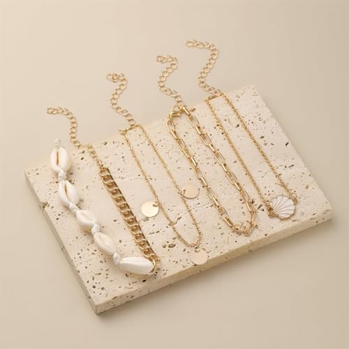 Shell Ankle Bracelet Set for Women,Boho Adjustable Beads Anklet Pack Natural White Shells Stack Stretch Seashell Pearl Starfish Bracelet Set Hawaiian Beach Vacation Foot Jewelry - style: D-Shell Disc 4Pcs