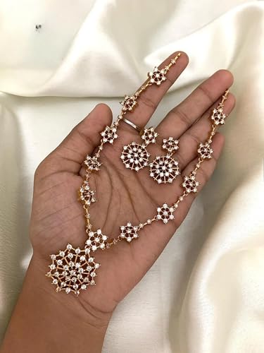 Antique Gold Plated Temple Jewellery Necklace Set with Earrings for Women, Traditional Indian Bridal Necklace Set, South Indian Choker Haram Style Jewellery Set, Ethnic Wedding Party Wear Necklace Set for Women - color: AD-Neck-120