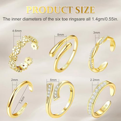 6pcs Toe Rings Set for Women - Adjustable 14K Gold Filled Open Bands, Non Tarnish Hypoallergenic Summer Beach Foot Jewelry with Flowers, Plain Styles