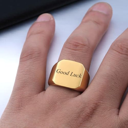 Stainless Steel Square Signet Rings for Men Women Gold/Silver Plain Pinky Thumb Ring, Gift for Dad Husband - color: Square Gold-Custom