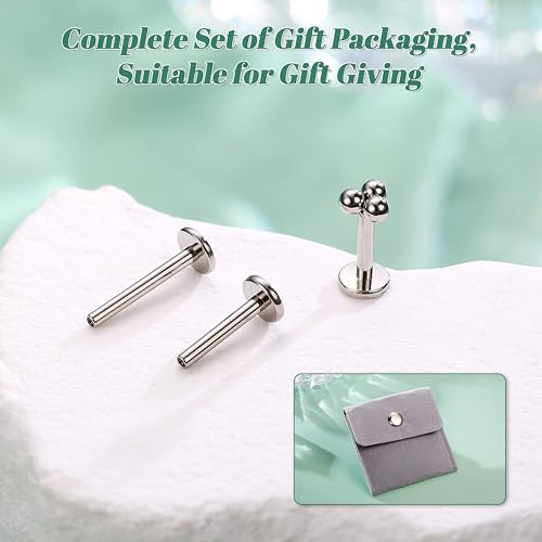 LOLIAS 16G G23 Titanium Tragus Conch Helix Piercing Jewelry 6mm 8mm 10mm - Internally Threaded Flat Back Stud Cartilage Earrings Hypoallergenic Forward Earlobe Labret Tragus Piercing Jewelry - color: 3 Beads-Titanium