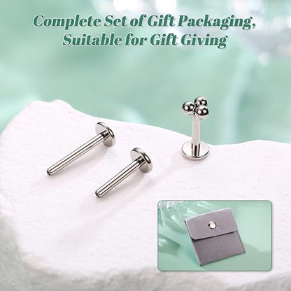 LOLIAS 16G G23 Titanium Tragus Conch Helix Piercing Jewelry 6mm 8mm 10mm - Internally Threaded Flat Back Stud Cartilage Earrings Hypoallergenic Forward Earlobe Labret Tragus Piercing Jewelry - color: 3 Beads-Titanium