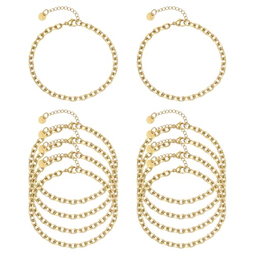 10 PCS Bracelets for Women Stainless Steel Chain Link Bracelet Set | 6.7 Inches with Extender, Jewelry Gifts for DIY, Chains Bulk, Oval, Curb, Figaro Chains, 18K Gold Plated, Silver, Chunky - color: Curb Gold