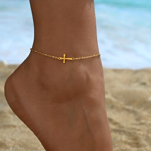 NONAMOIS Ankle Bracelets for Women Dainty 18K Gold Plated Anklet Waterproof Round Beaded Paperclip Herringbone Pearl Chain Anklets Waterproof Beach Foot Jewelry - color: Satellite Cross-Gold
