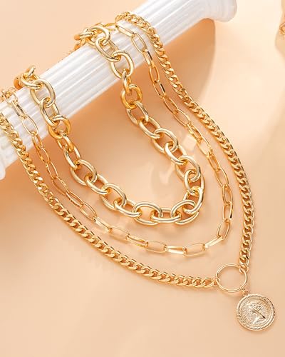 Gold Layered Necklaces for Women Chunky Layered Gold Necklaces Stacked Paperclip Chain Pearl Necklace Herringbone Toggle Clasp Choker Trendy Statement Jewelry Gifts - color: B8:gold stack necklaces