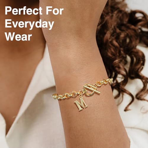 14K Gold Plated Stainless Steel A-Z Alphabet Letter Heart Bracelet | Non-Tarnish Dainty Charm with a Romantic Toggle Clasp Daily Fashion Jewelry, 7-inch Rolo Chain, Personalized Gift for Her - color: G