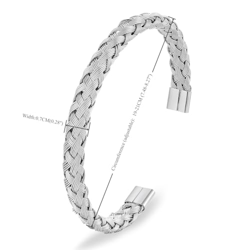 Stainless Steel Braided Cable Cuff Bangle Bracelet, Adjustable, Mens Womens, Minimalist - color: Silver Color