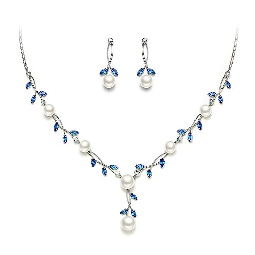 EVER FAITH Cubic Zirconia Pearl Leaf Vine Wedding Jewelry Set for Bride | Crystal Filigree Bridal Necklace Earrings, for Women Bridesmaid - color: 2pcs_Sky Blue Silver-Plated-Brass