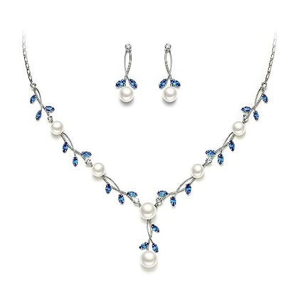 EVER FAITH Cubic Zirconia Pearl Leaf Vine Wedding Jewelry Set for Bride | Crystal Filigree Bridal Necklace Earrings, for Women Bridesmaid - color: 2pcs_Sky Blue Silver-Plated-Brass