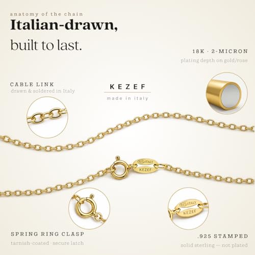 KEZEF 18K Gold Plated 925 Sterling Silver Box Chain Necklace for Women, 1mm Thin & Sturdy Italian Chain Necklace, Rose Gold & Silver Available, 15/16/18/20/22/24/30 Inch - color: 18kt Gold, size: 18 Inch