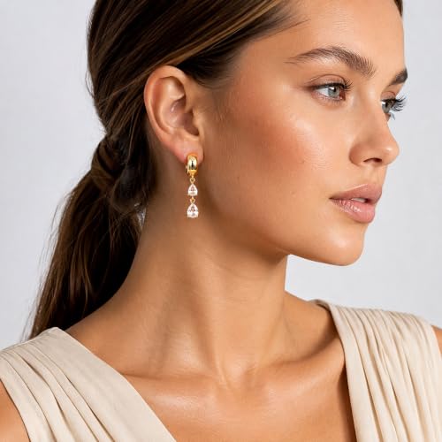 Gold Dangle Earrings for Women 14K Gold Plated Chunky Huggie Hoops Drop Earring Trendy Cubic Zirconia Diamond Crystal Round Teardrop Heart Charm Hypoallergenic Statement Jewelry Gifts - color: gold-teardrop CZ