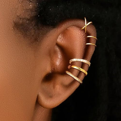 5 Pcs Thin Chunky Ear Cuff Earrings for Women 14K Gold Plated Brass Ear Cuffs Non Piercing Trendy Clip on Cartilage Earrings Cubic Zirconia Fake Piercings Earrings Jewelry - color: Style A,Thin Gold