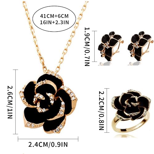 Elegant Jewelry Set Necklace for Women，Adjustable Dainty Cubic Zirconia Trendy Choker Pendant Necklace+Earrings+Ring, Mother's Day Valentine's Day Gifts Pendant Set for Women 3PCS - color: black Flower