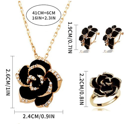 Elegant Jewelry Set Necklace for Women，Adjustable Dainty Cubic Zirconia Trendy Choker Pendant Necklace+Earrings+Ring, Mother's Day Valentine's Day Gifts Pendant Set for Women 3PCS - color: black Flower