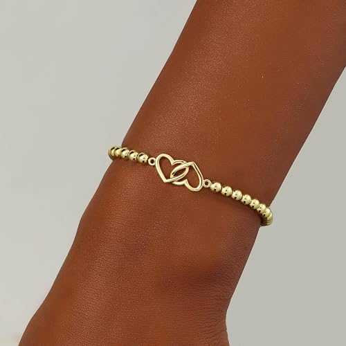 Beaded Bracelets for Women 14K Silver Gold Plated Stretch Handmade Ball Bracelets Cute Charm Bracelet Dainty Stackable Cross Heart Bow Wave CZ Circle Trendy Jewelry Easter Gifts - color: double-heart