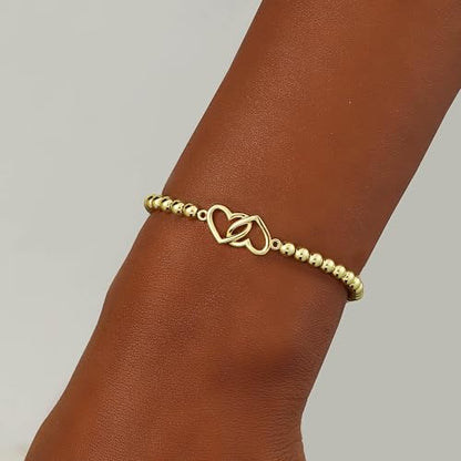 Beaded Bracelets for Women 14K Silver Gold Plated Stretch Handmade Ball Bracelets Cute Charm Bracelet Dainty Stackable Cross Heart Bow Wave CZ Circle Trendy Jewelry Easter Gifts - color: double-heart