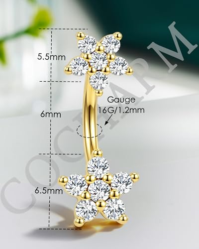 Minimalist Flower Rook Piercing Jewelry, 16G 5A CZ Eyebrow Piercing, Stainless Steel Rook Lobe Earrings 6/8MM - color: YG-6MM