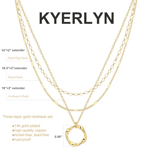 Kyerlyn Layered Necklaces for Women, 14K Gold Plated Necklace Sterling Silver Necklace Stack Circle Pendant Necklace Trendy Long Chain Stackable Silver Necklace Set Dainty Gold Stacked Jewelry Gifts