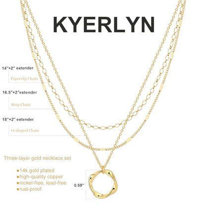Kyerlyn Layered Necklaces for Women, 14K Gold Plated Necklace Sterling Silver Necklace Stack Circle Pendant Necklace Trendy Long Chain Stackable Silver Necklace Set Dainty Gold Stacked Jewelry Gifts