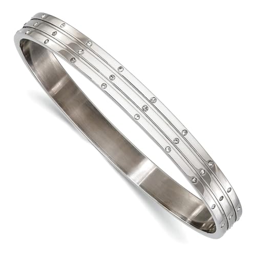 JewelryWeb Stainless Steel Slip on Polished With Cubic Zirconias Bangle Bracelet 7.5mm Wide Cuff Bracelet for Women