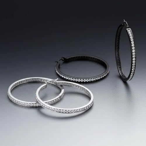 Stainless Steel Inside Out 40mm Hoop Earrings for Women – Sparkling CZ Crystal Hoops, Hypoallergenic, Lightweight, Modern Everyday Earrings – Silver, 18K Gold Plated, & Black Options - color: Silver + Black