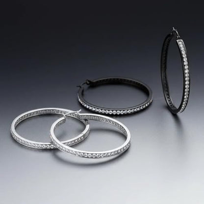 Stainless Steel Inside Out 40mm Hoop Earrings for Women – Sparkling CZ Crystal Hoops, Hypoallergenic, Lightweight, Modern Everyday Earrings – Silver, 18K Gold Plated, & Black Options - color: Silver + Black