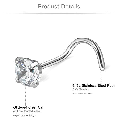 18G 1.5mm 2mm 2.5mm 3mm 3.5mm 4mm Round Diamond CZ Nose Screw Studs Rings Piercing Jewelry 4-12PCS - color: 12PCS - Silver