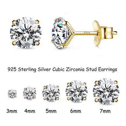 925 Sterling Silver Earrings, Cubic Zirconia Stud Earrings, Diamond Stud Earrings for Women - color: Gold-3mm,4mm,5mm,6mm,7mm