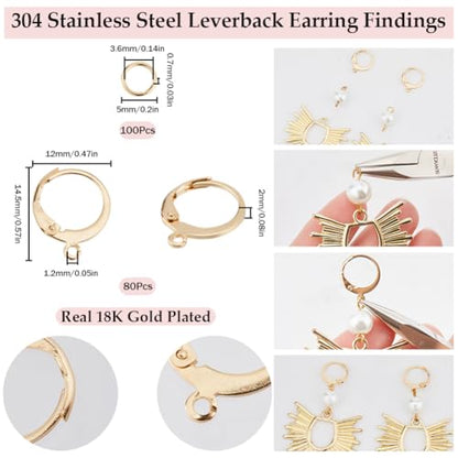 SUNNYCLUE 1 Box 180Pcs Earring Findings Kit 80Pcs Real 18K Gold Plated Stainless Steel Leverback Earring Hooks 100Pcs Open Jump Rings Hypoallergenic Huggie Lever Back Ear Wires for Jewelry Making Kit - color: 80pcs 18k Gold Plated Leverbacks & 100pcs Open