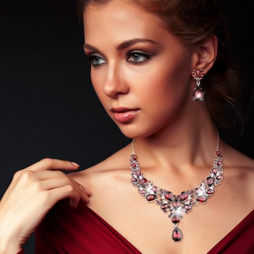 Hicarer Bridal Teardrop Cluster Crystal Jewelry Set for Women Necklace Earrings Wedding - color: Wine Red