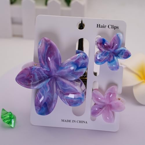 Flower Hair Clips for Women Girls Claw Clips Set Blue-Purple Plumeria with Marble Design Barrettes Summer Hair Clip Fashion Hair Styling Accessories for Thick Thin Hair(3Pcs:1 Large 2 Small) - color: Blue-Purple