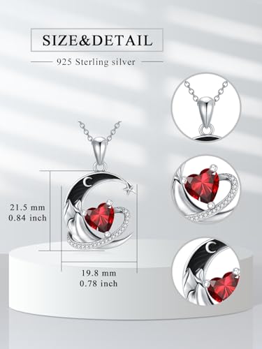 I Love You to the Moon and Back Necklace 925 Sterling Silver Black Crescent Moon Star Pendant with Heart Birthstone Necklace Anniversary Gothic Jewelry Gifts for Women Wife Lovers - color: 01-Jan-Garnet
