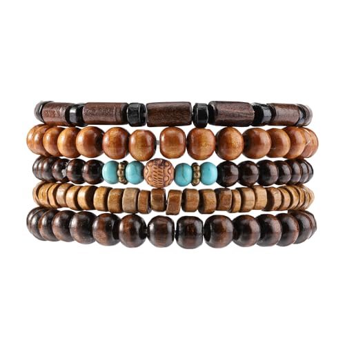 Mens Beaded Bracelets Tribal Wooden Elastic Adjustable Prayer Beads Wrap Cuff for Women - color: Q: 5pcs