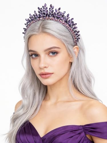 Bridal Rhinestone Headband Wedding Hair Accessories for Women, Pearl Crystal Headband Wedding Costume Headpieces for Brides Princess Quinceanera Christmas Party Prom Birthday(Purple) - color: Purple