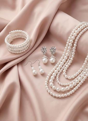 Pearl Necklace Set - Faux Pearl Earrings and Bracelets Jewelry Set for Women Wedding Bridal Shower Tea Party Accessories - style: 4pcs-silver