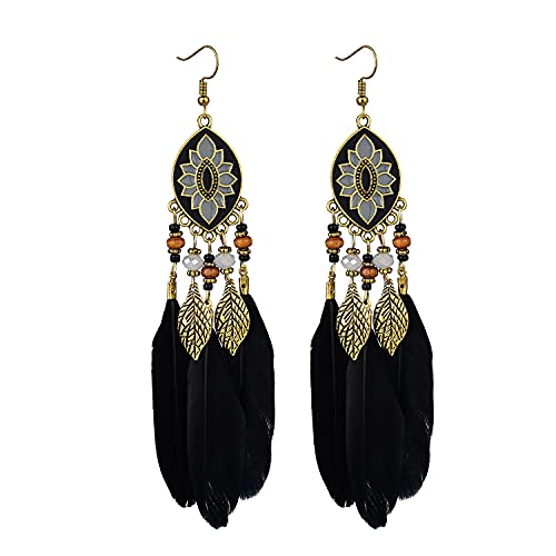 Dreuyet Boho Long Feather Drop Dangle Earrings for Women Retro Bohemian Ethnic Fringe Multicolor Tassel Feather Earring Handmade Statement Dream Catcher Earrings Jewelry - color: Black Oval