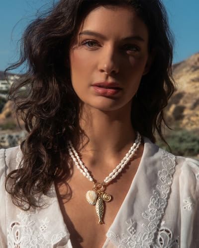 Chunky Gold Fish Pendant Necklace For Women Long Silk Scarf Turquoise Strand Necklace With Fish Pendants Boho Beach Shell Statement Necklaces - style: Shell Strand