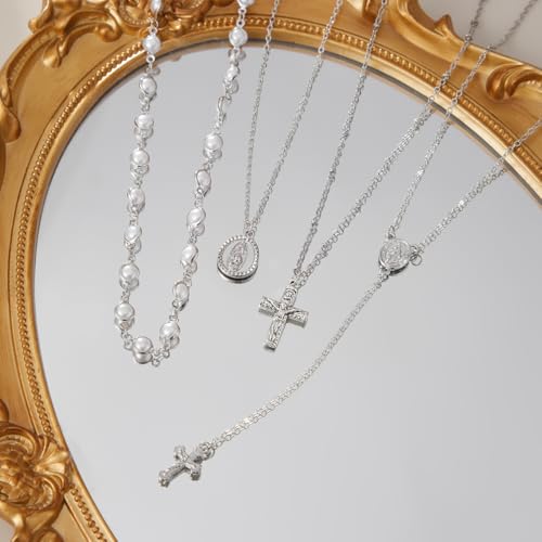 KURTCB Rhinestone Necklace for Women Boho Long Y Lariat Gold Necklace Stack Colorful Summer Beach Jewelry - color: Silver Pearl Cross