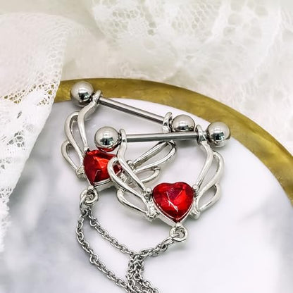 VERAMI 14G 316L Double Chain Connecting Heart CZ Nipple Rings Stainless Steel Skull Angel Piercing Barbell Body Pierced Jewelry for Women - color: Red CZ
